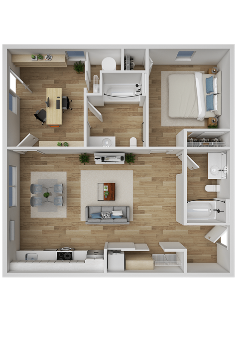 A top-down view of a live/work apartment with a kitchen, living room, and bathroom.